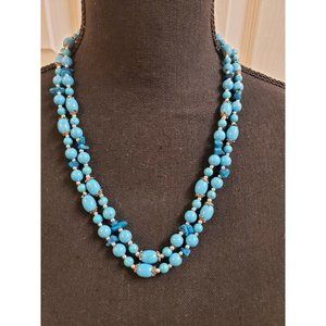VINTAGE FASHION FAUX TURQUOISE DOUBLE STRAND WOMEN NECKLACE